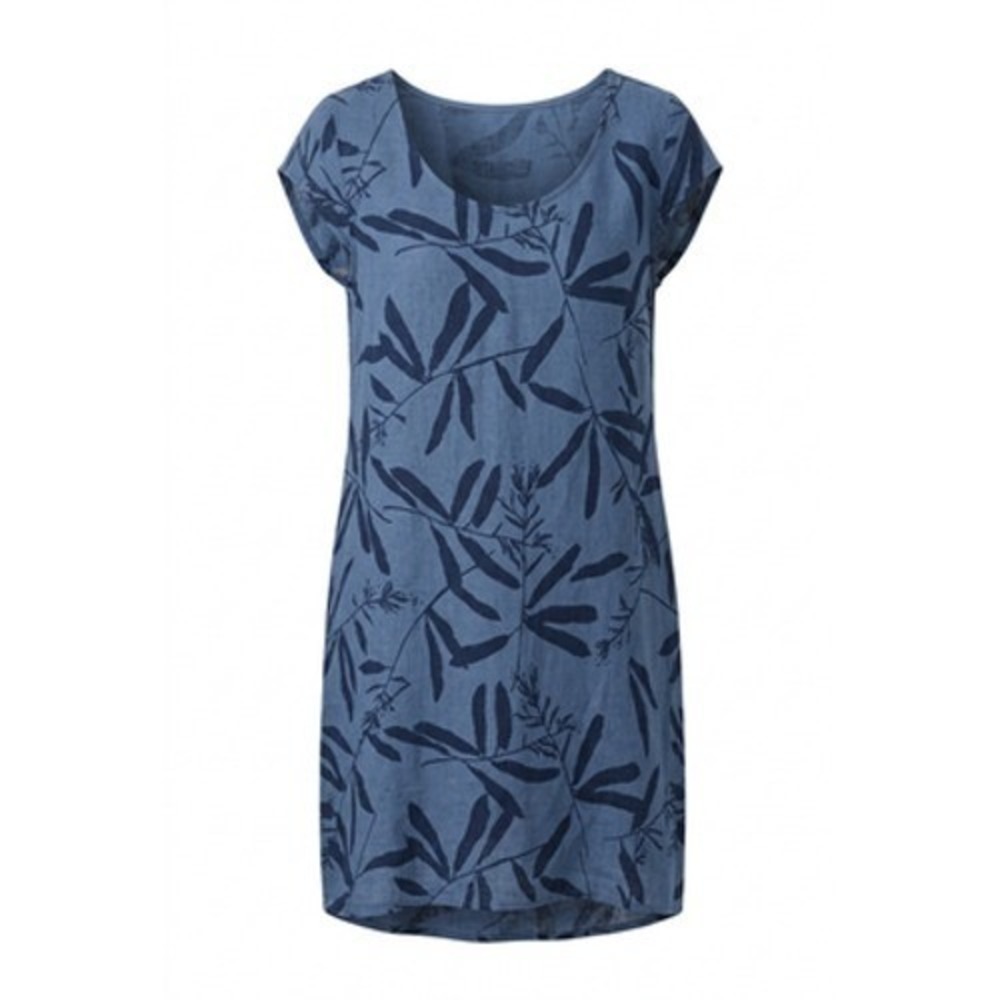 Lungo L'Arno 100% Linen Dress Women 1X Blue Shift Tropical Leaf Print Made Italy